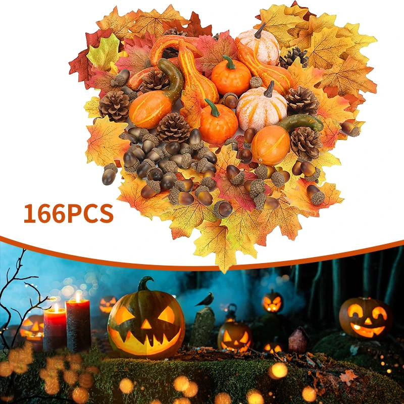 

166Pcs/set Fall Harvest Decor Props Artificial Mini Pumpkin Gourd Acorn Berries Maple Leaves Pine Cone DIY Simulation Halloween