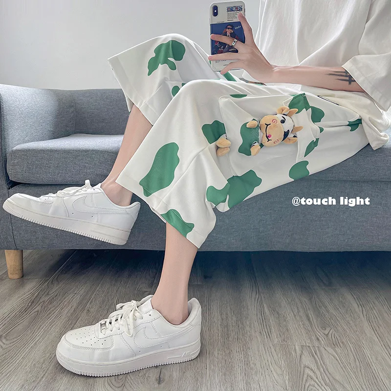 

Коровья рабочая одежда укороченные брюки женские свободные корейский стиль бойфренд трикотажные спортивные брюки с широкими штанинами Мо...