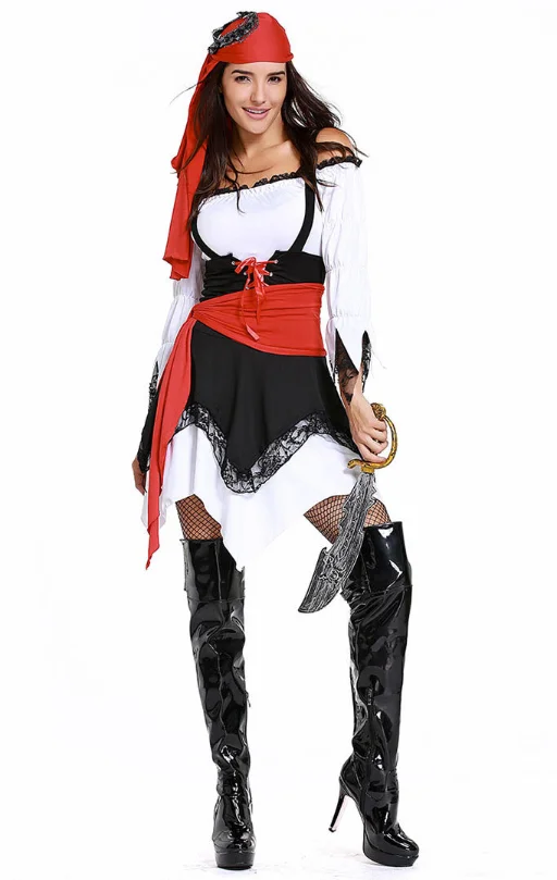

Halloween Stage Performance Costume Pirate Cosplay Long Sleeve Off-the-Shoulder Dress With Headwear And Waistband DT1081