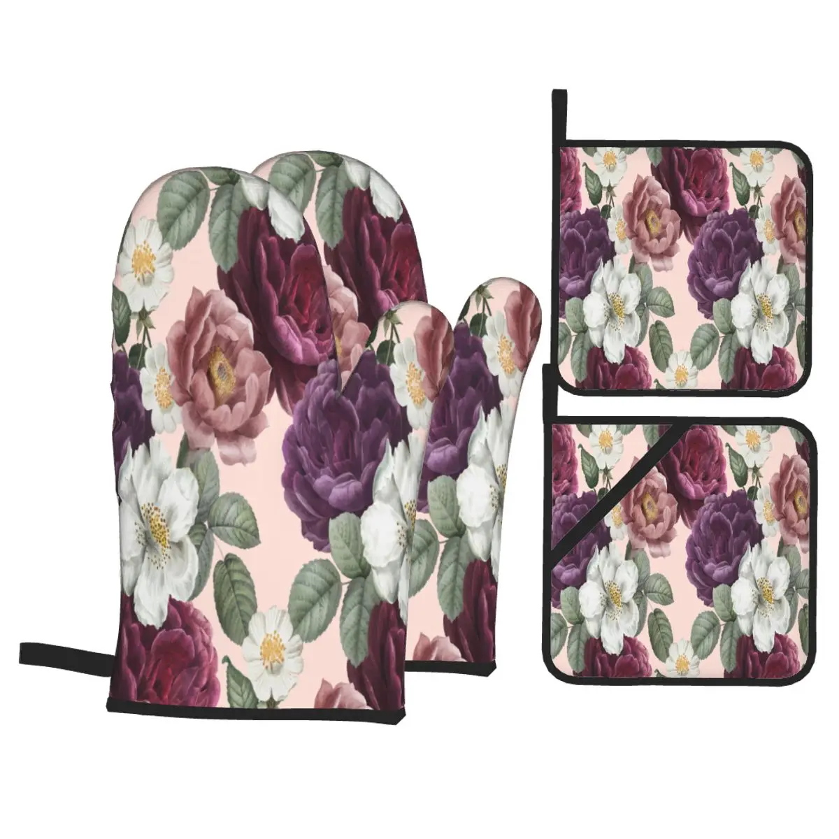

4 Pieces Polyester Kitchen Cooking Microwave Gloves Romantic Floral Baking BBQ Potholders Oven Mitts