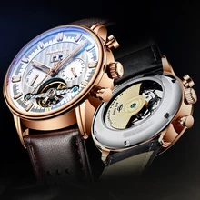 AILANG Top Brand Luxury Mechanical Watch Men's Brown Leather Watch Waterproof Fashion Automatic Tourbillon Watch Week Calendar