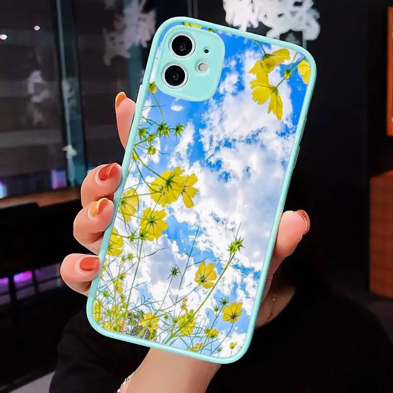 

Phone Case For iPhone 12 11 Mini Pro XR XS Max 7 8 Plus X Wild chrysanthemum daisy flowers Matte transparent blue Cover