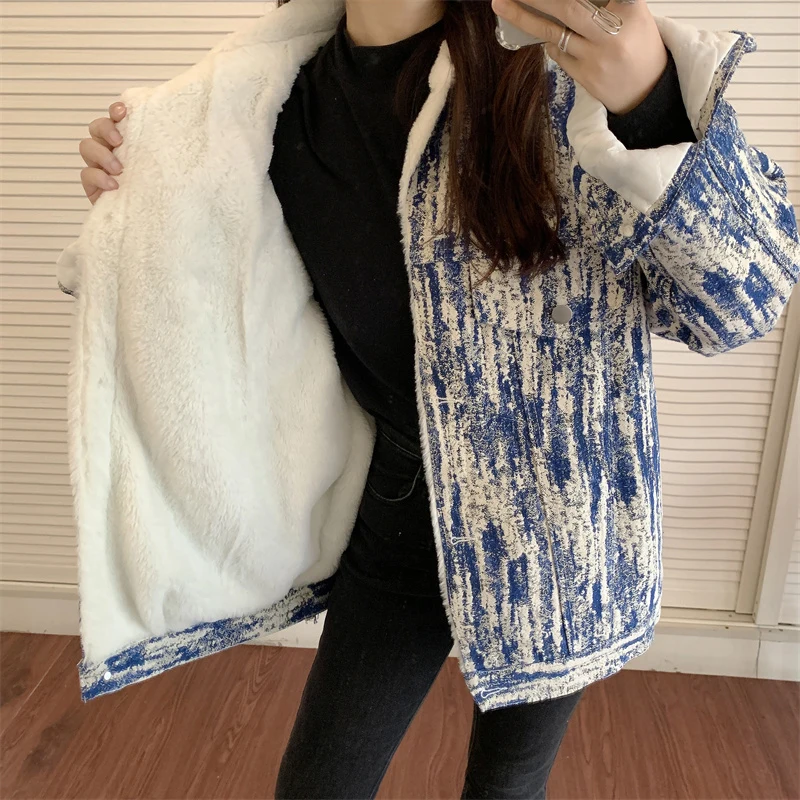 

JMPRS Tie Dye Women Denim Jacket Winter Thick Warm Velvet Harajuku Jeans Coat Cotton Button Up Long Sleeve Female Blue Clothes