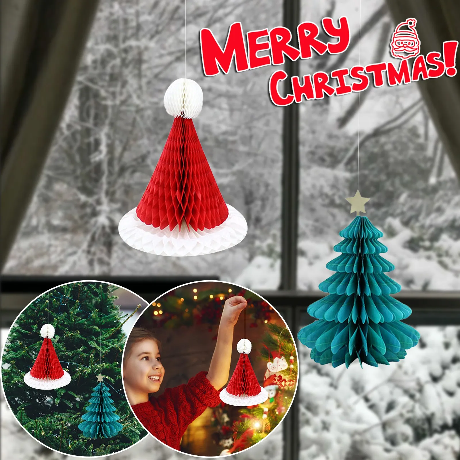 

1Pcs Christmas Party Decration Christmas Paper Ornament Honeycomb Santa Hats Hanging DIY Ornament For Party Festival Decorations