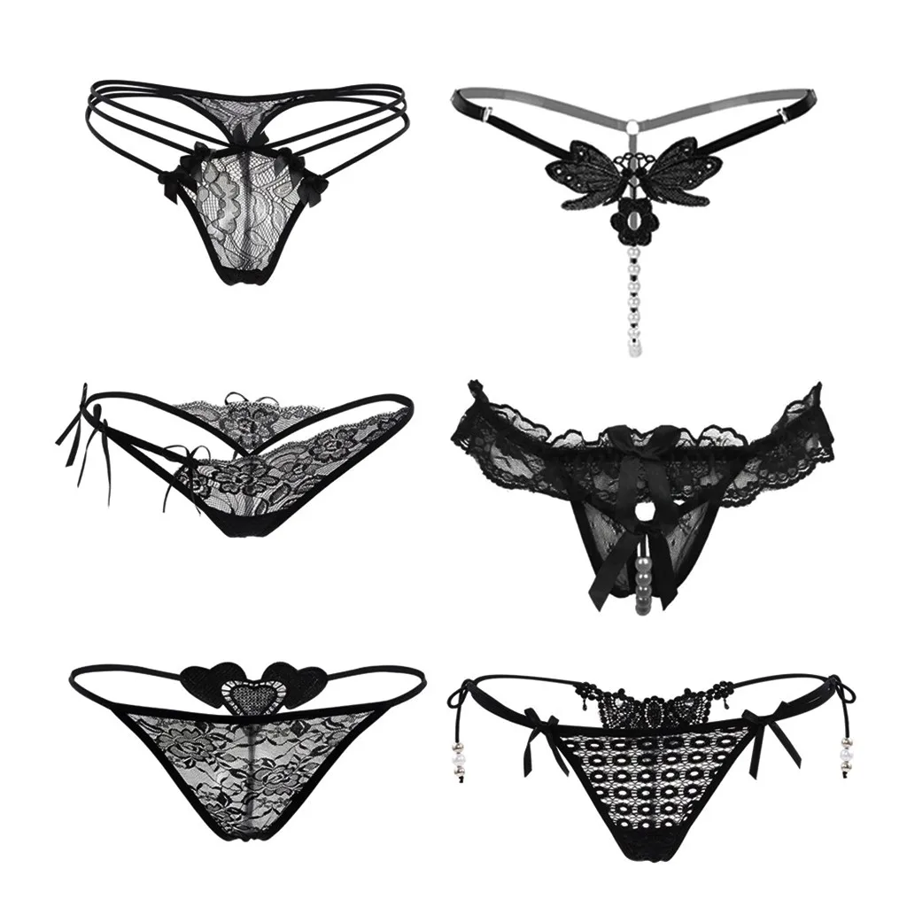 

New 6PC Women Seamless Panties Lace Briefs Sexy Lingerie Underwear Pearl Pendant Black Panties Women's Thong