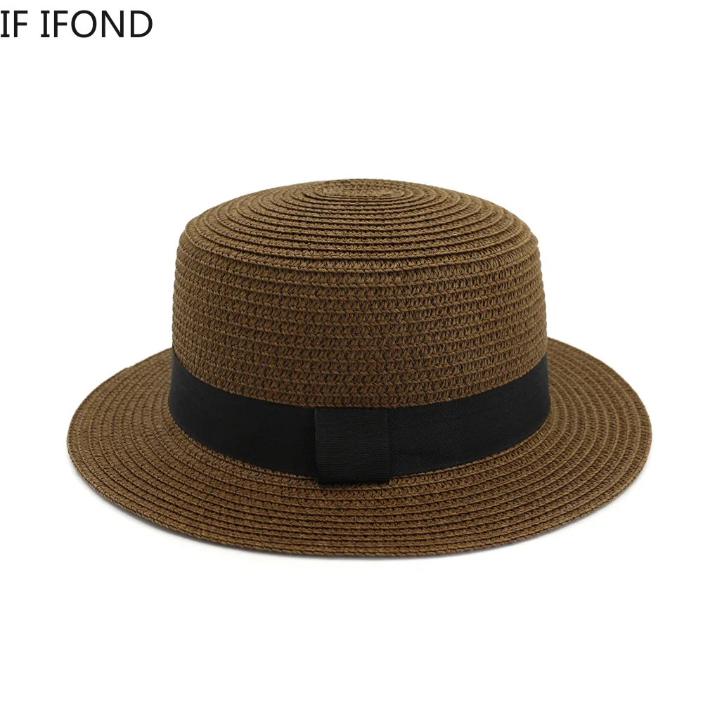 Handmade Summer Sun Hat Raffia Straw black Ribbon Cap Casual Temperament Flat hat | Hats