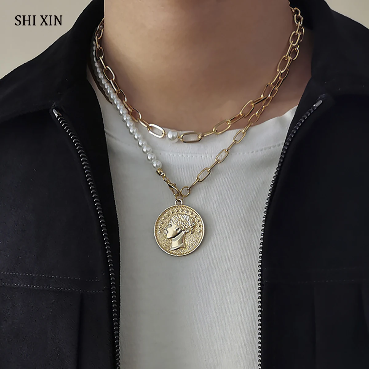 

SHIXIN Multi Layered Chain Pearl Beads Necklace for Women Fashion Choker Necklace Long Chain With Coin Pendant Necklaces Jewelry