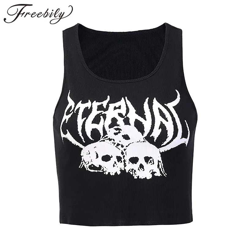 

Women Summer Running Vest Tops Sport Tanks Casual Gym Clothes Sleeveless Gothic Style Skeleton Print Cropped Top Crochet Vests