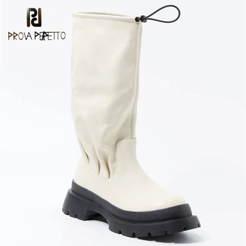 White Stacking Boots Women's Round-toe Platform Platform All-match High Boots Elastic Mouth Folds But Knee Boots Niche Boots