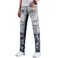 mens ripped slim jeans fashion streetwear locomotive stitching patch denim trousers biker high quality male straight casual pant