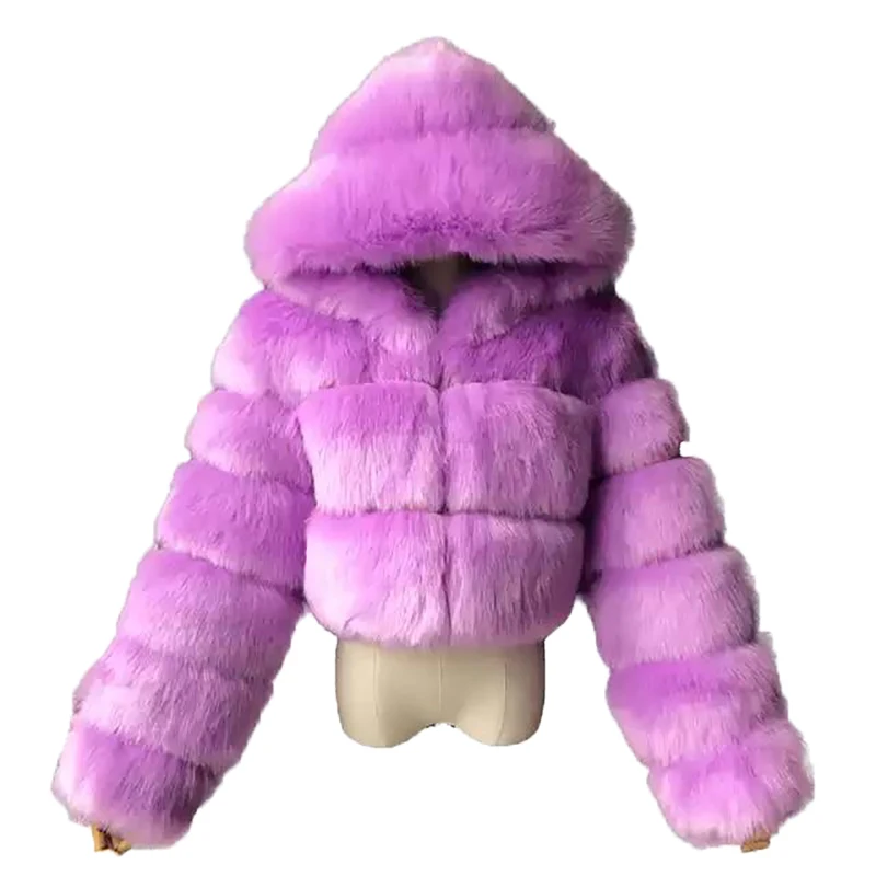 

Женская Шуба из искусственного лисьего меха, винтажная короткая приталенная куртка с длинным рукавом и шапкой, пуховое пальто, Осень-зима ...