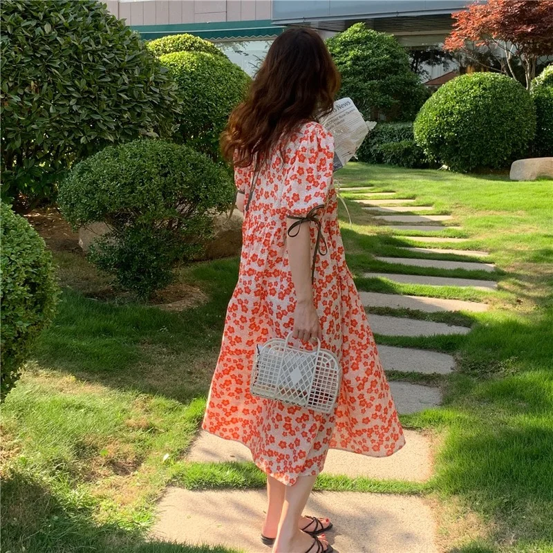 

Sweet Print Puff Sleeve Floral Dress Women Simple O Neck Loose Summer 2021 Korean Chic Robe Femme Elegant Retro Vestido De Mujer