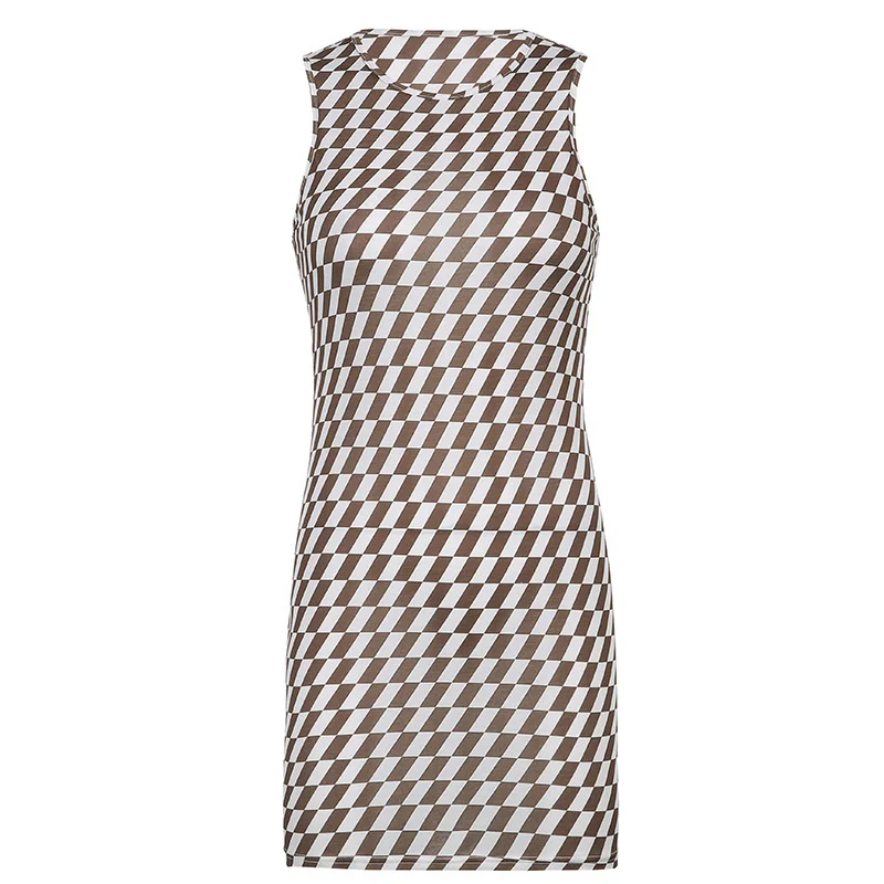 

Plaid Print Bodycon Dress Women Off Shoulder Sleeveless O Neck Y2k Tank Dresses Summer Sexy Slim Party Dress Streetwear Brown