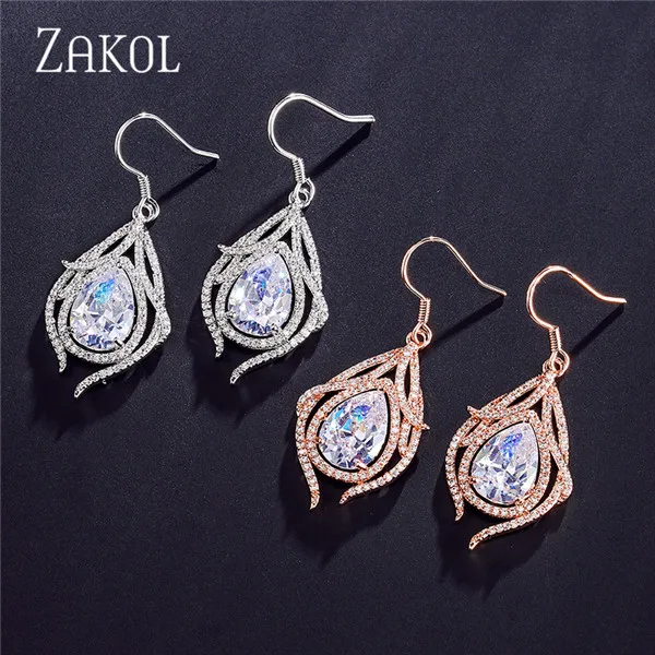 Блестящие серьги подвески ZAKOL с фианитами в виде капли воды женские модные