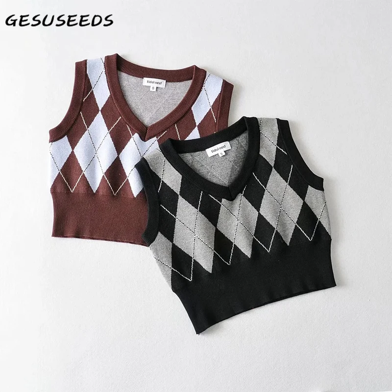 

Женский винтажный укороченный топ, черный трикотажный топ в клетку с v-образным вырезом, уличная одежда без рукавов, лето 2021