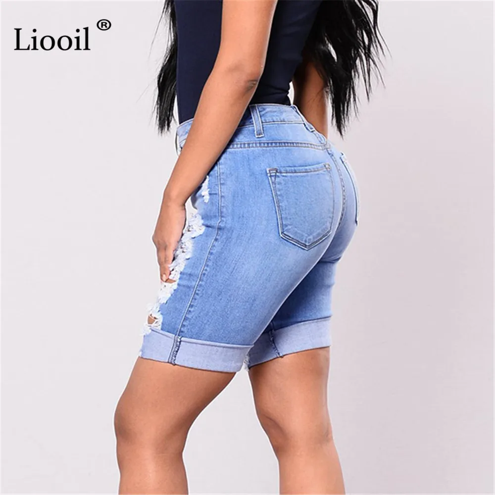 

Liooil Sexy Ripped Skinny Straight Leg Jean Shorts Women High Waist Summer Streetwear Pockets Plus Size Blue Hole Denim Shorts