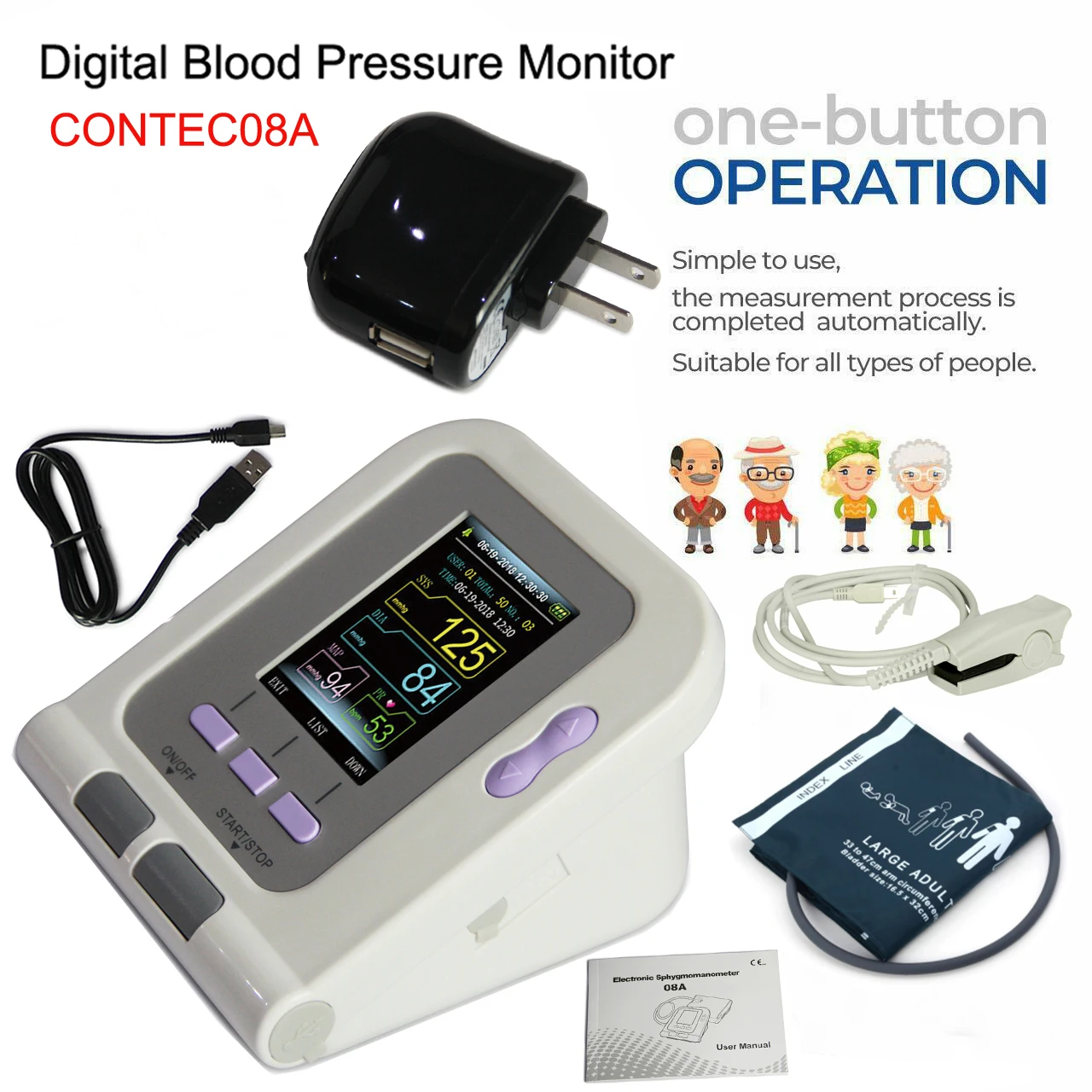 Blood Pressure Monitor CONTEC08A Electronic Sphygmomanoter HR Pulse Meter Large Adult 33-47cm Upper Arm NIBP Cuff+SPO2 Probe
