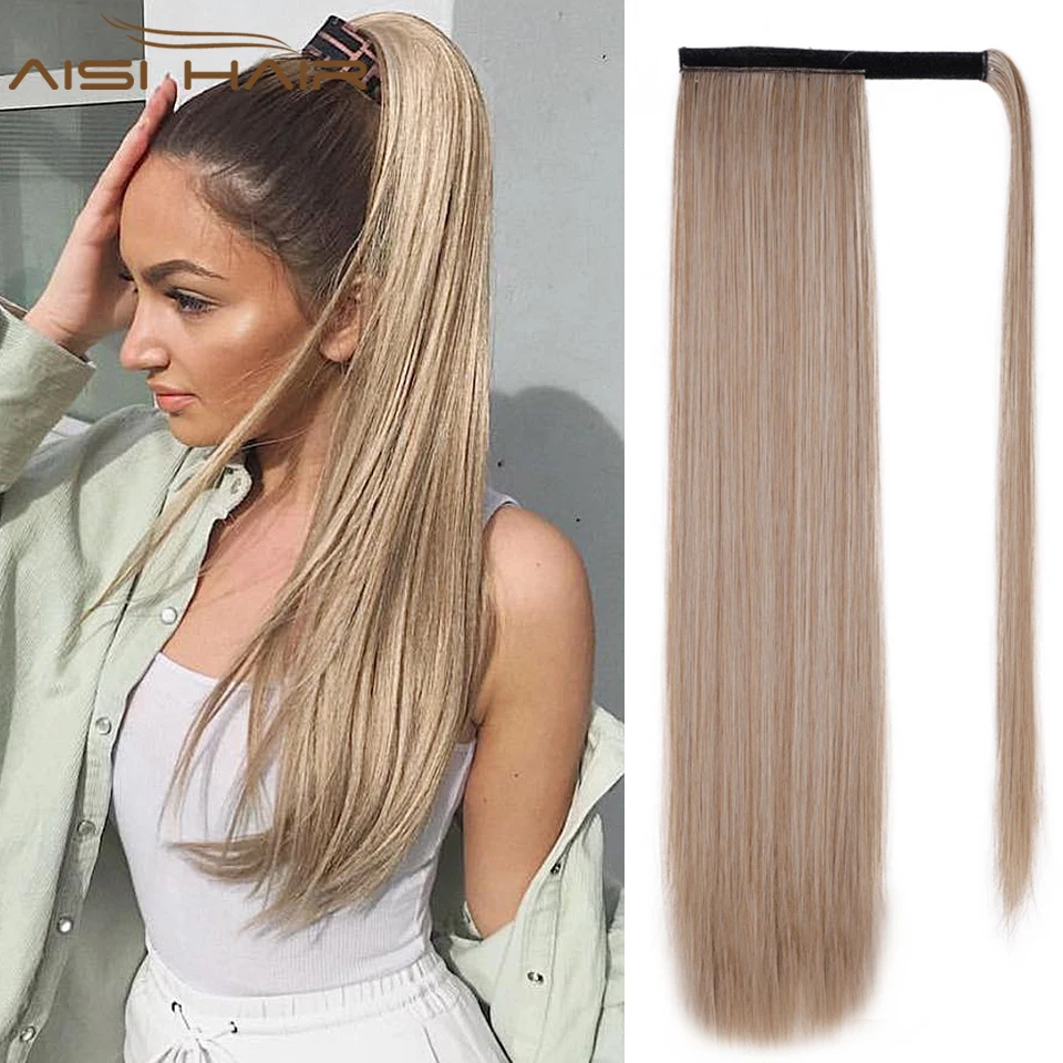 

AISI HAIR Synthetic Long Straight Wrap Around Clip In Ponytail Hair Extension Heat Resistant Black Blonde Pony Tail Fake Hair