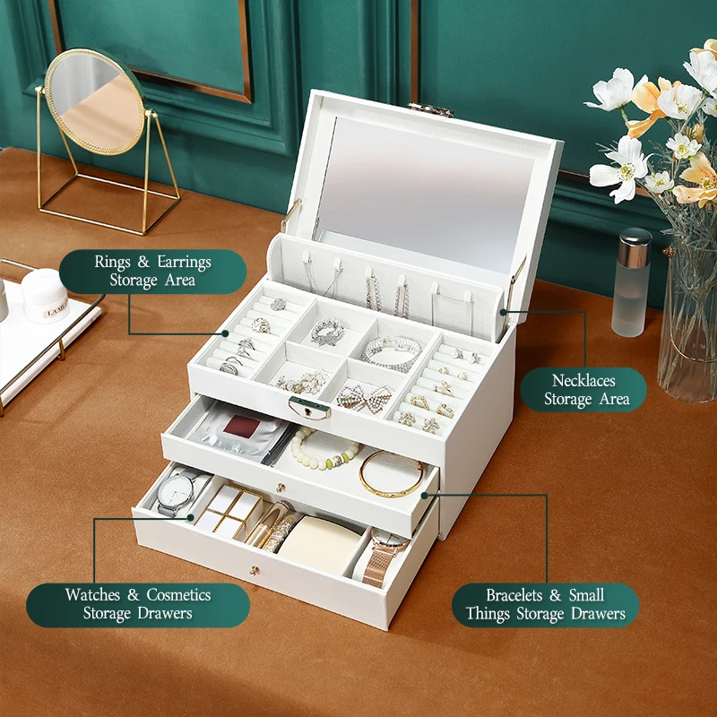 Casegrace Large Jewelry Storage Box Desktop Drawers Organizer for Makeup Earrings Cosmetic Jewelry Display Packaging Gift Case