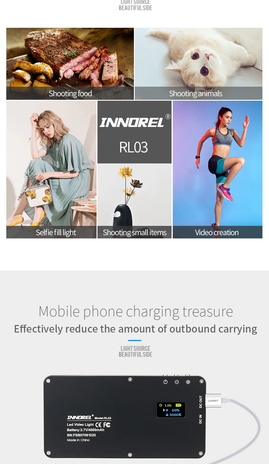 INNOREL RL03 светодиодный ультра-тонкий освещение для фотосъемок на открытом воздухе для путешествий, походная батарея 4500 мА/ч, видео в режиме реального времени с заполняющим светом