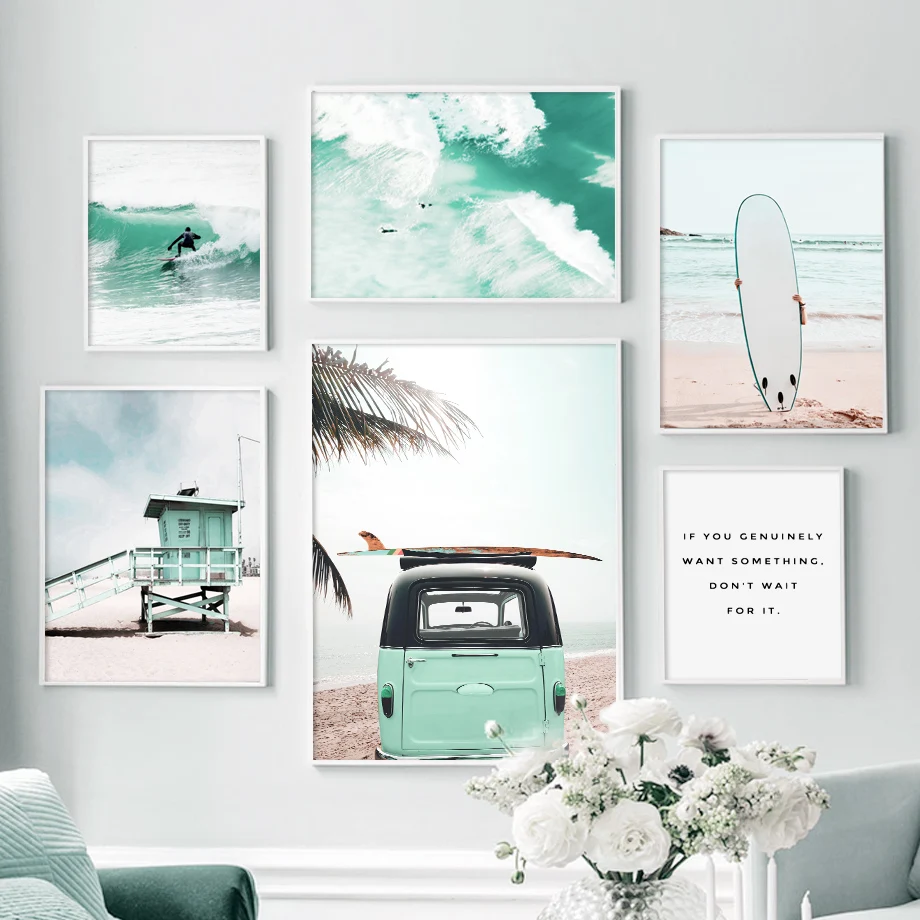 Зеленая море Пальма доска для серфинга автобус цитаты настенная Картина на