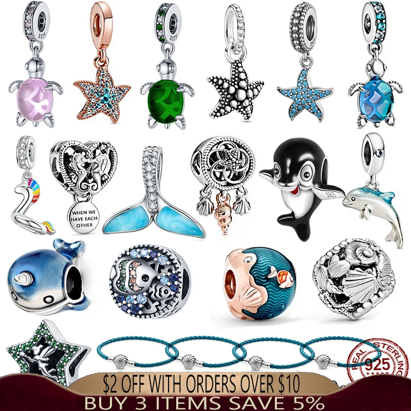 

925 Sterling Silver Ocean Series Narwhal Charm Starfish Ocean Waves & Fish Beads Fit Pandora Bracelet DIY Pendant Woman Jewelry