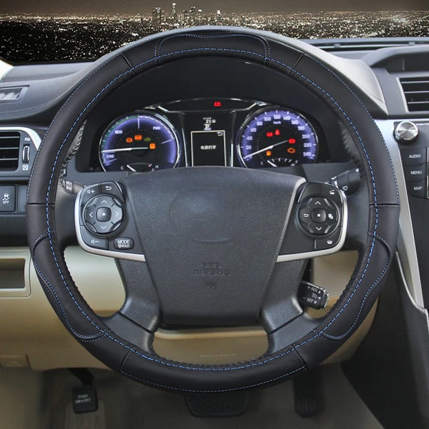 38 см автомобильный чехол на руль из натуральной кожи для toyota Corolla Vios eiz YARIS AURION RAV4 - Название цвета: blue line black