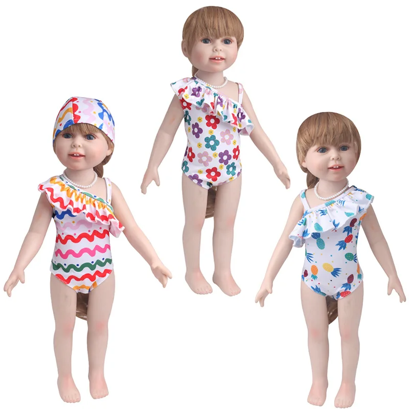 

18 Inch American Dolls Girls Swimwear Print Halter One-piece Swimsuit Cap Dress Born Baby Toys Accessories 43 Cm Boy Doll c889
