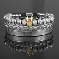 fashion roman braided silvery crown letter opening adjustable mens bracelet set stainless steel geometric couple luxury jewelry
