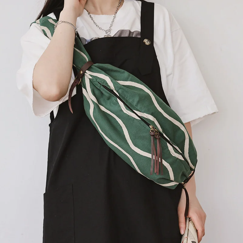 

Холщовая женская сумка через плечо в японском стиле, модный нагрудной мессенджер в полоску, сумка-хобо для студентов