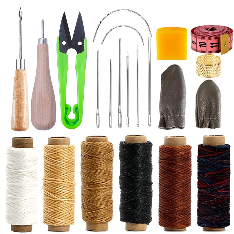 

LMDZ 21 Pieces Leather Sewing Tools 6 Color Waxed Thread with Leather Sewing Needles Big Eye Needles Curved Needles Awl