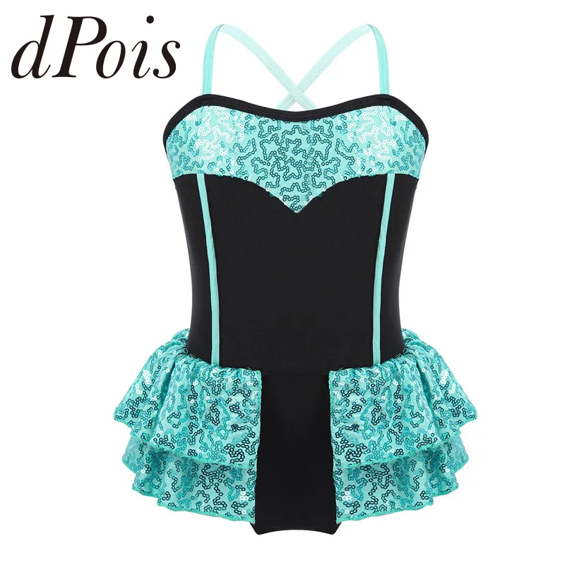 

Kids Girls Spaghetti Shoulder Straps Shiny Sequins Tutu Ballet Dance Leotard Dress Kid Modern Jazz Dance Latin Dancing Costumes