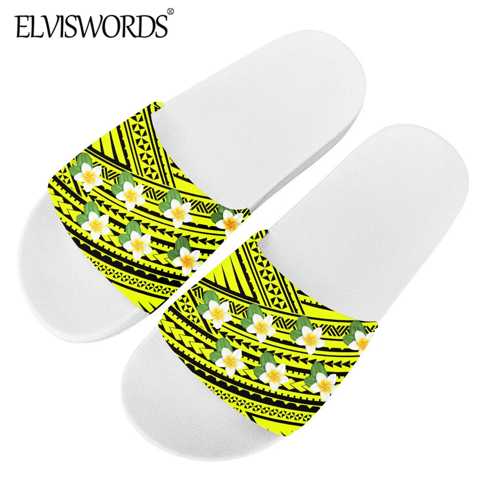 

ELVISWORDS Women Summer Casual Sandals Yellow Tranditional Tribal Pattern Slippers Hawaii Polynesian Flowers Design Footwear