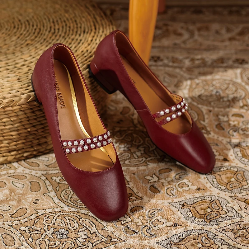 

Fashion Sweet Pearl Decoration Shoes Woman Mary janes 2021 Women's Shoes Heels Party Wedding Genuine Leather Female Pumps