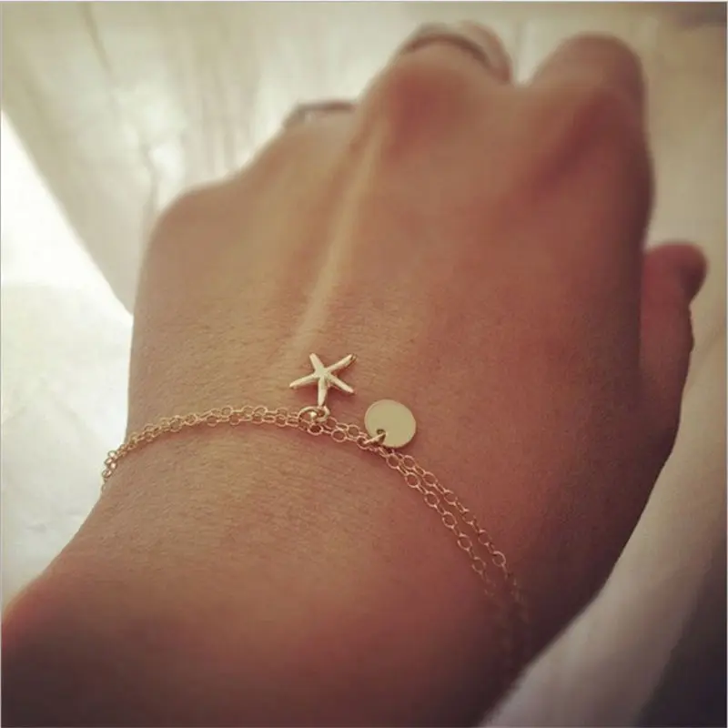 LIDUO Bohemian Starfish Heart Perarl Coin Bracelet For Women Vintage Simple Elegant Charm Chain Ocean Party Jewelry New | Украшения и