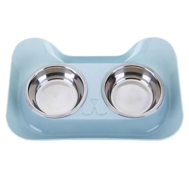 Blue 2 in 1 Pet Bowl Set Double Bowls Stainless Steel Non-Slip Dog Cat Bowl Pet Water Food Feeder Pet Feeding Supplies For Cats Dog - Цвет: Blue