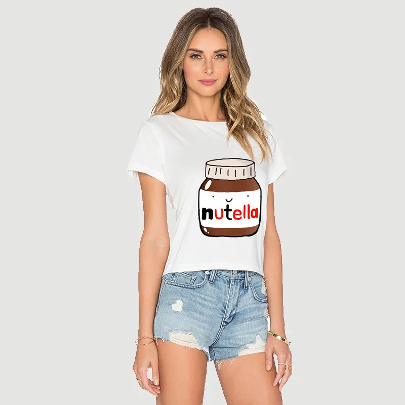 Летняя женская облегающая футболка с принтом nutella белый укороченный топ футболки