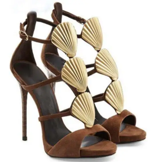 

Sexy Woman Chocolate Suede Golden Shells Cover Heel Summer Sandal Female Ankle Strap Thin Heels Gladiator Cut Out Sandals Lady