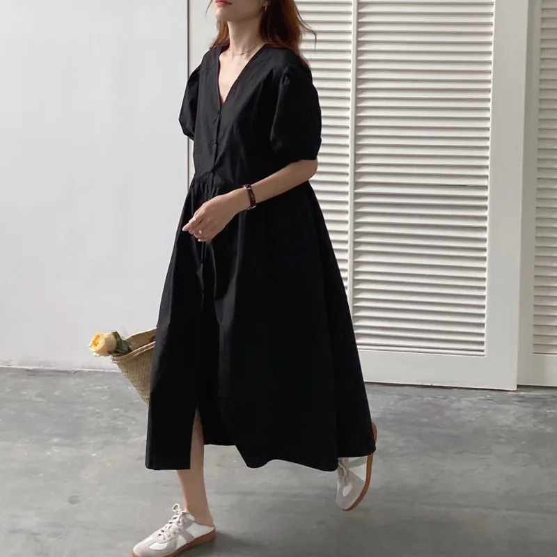 

Summer 2021 New Dress Women Vintage Solid Blue Casual V-neck Short Puff Sleeve Loose Fit Fashion Tide Elegant Female Dresses