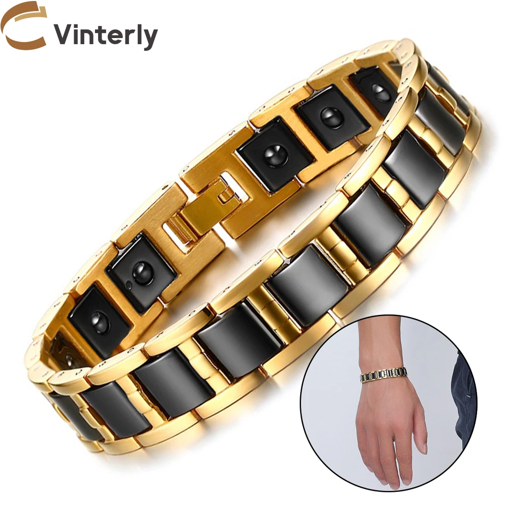 

Vinterly Healing Energy Magnetic Hematite Bracelet Male Gold Color Stainless Steel Hand Chain Link Black Ceramic Bracelets Men