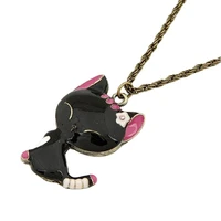lovely black enamel smiling cat animal necklace sweater long chain pendant for girl female gift