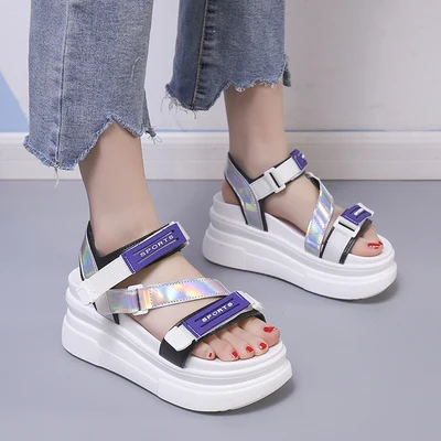 

Woman Height Increasing Thick Bottom Sole Wedges Sandals Women Hook & Loop Summer Sequins Platform Sandalias Mujer