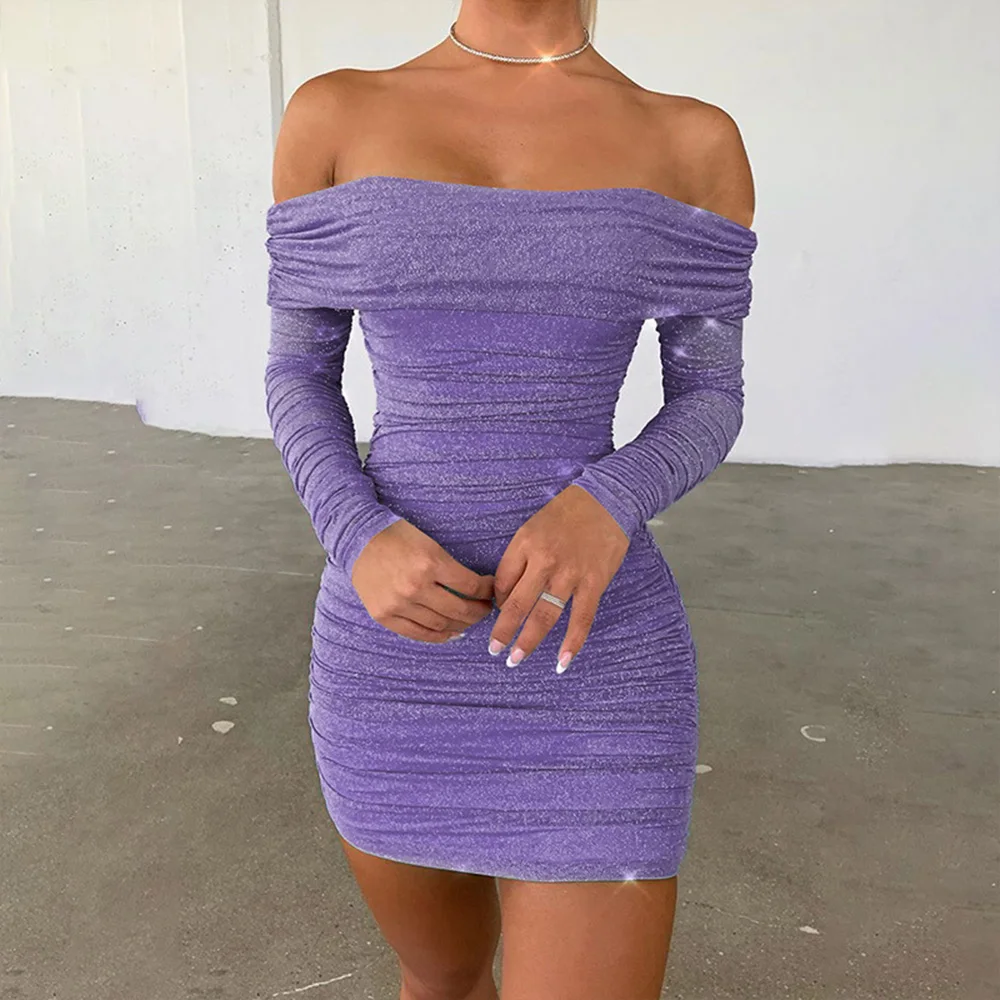 Evening Party Night Dress Girls Long Sleeve Slash Neck Sequin Sexy Women 2020 New Pleated Slim Fit Mini Wrap D30 | Женская одежда