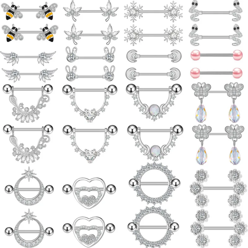 2PCS Surgical Steel Crystal Flower Nipple Rings Sexy Body Piercing Moon Bees Jewelry Snow Barbells Heart | Украшения и аксессуары