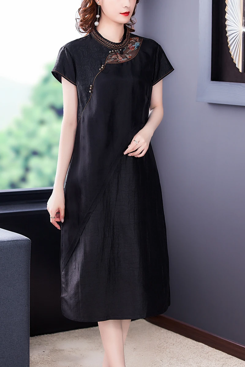 

COIGARSAM 4XL Plus Size Cheongsam Women dress New Dresses Black 8937