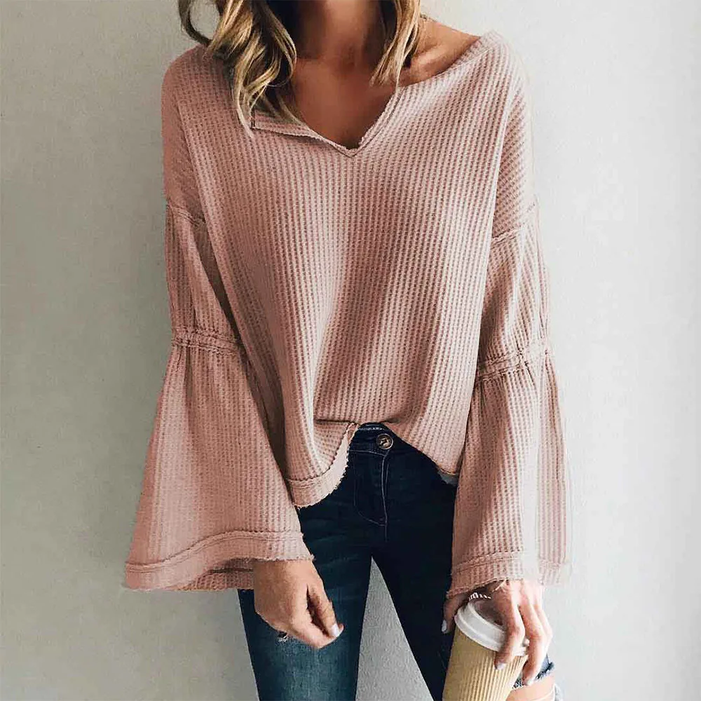 Женские блузки 2019 вязаная однотонная повседневная женская рубашка с длинным