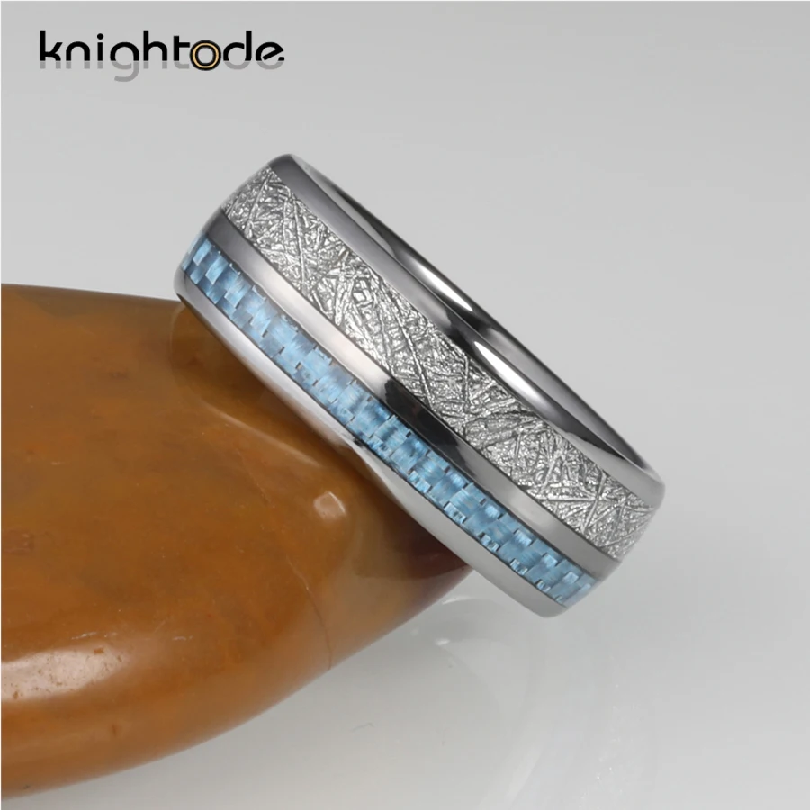 Кольцо из карбида вольфрама 8 мм белый метеорит/светильник инкрустация голубого