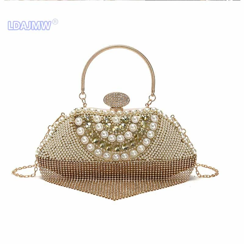 Newest tassel crystal women bag luxury imitation pearl evening bags wedding beaded day clutches small purse bag