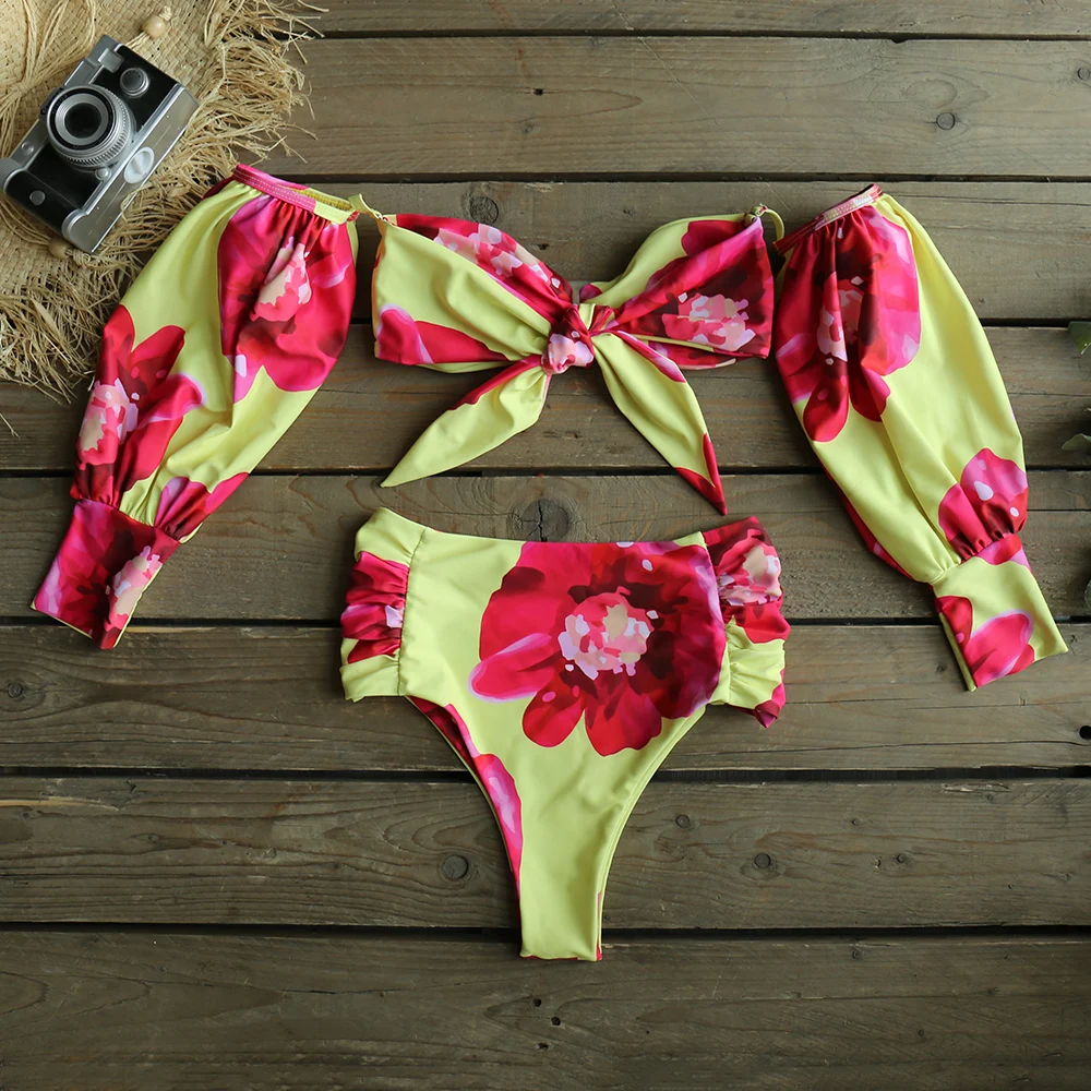 

High Waist Bikini 2021 New Long Sleeve Sleeve Swimsuit Off-Shoulder Swimwear Women Bubble Sleeve Bikinis Sexy Mesh Beach Wear