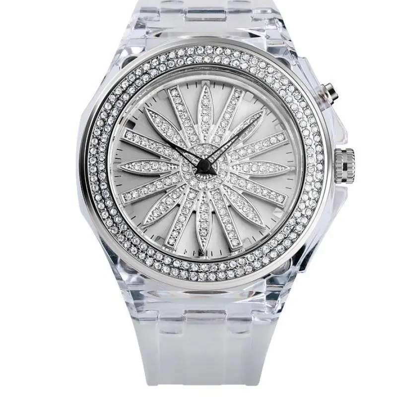 

women Watches 2020 Revolve Hollow Flower Dial Casual Fashion Trend Led Light Transparent Pu Strap Ladies Quartz Movement Watch